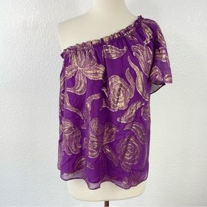 {Ramy Brook} Peach One-Shoulder Floral Jacquard Silk Blend Blouse, Size S